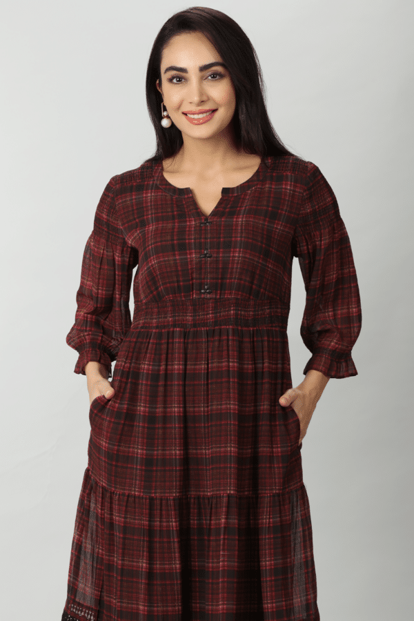 Rust Red Georgette Check Casual Dress