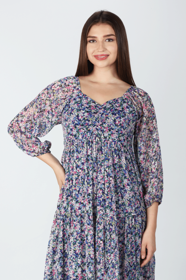 Blue Printed Chiffon Casual Dress