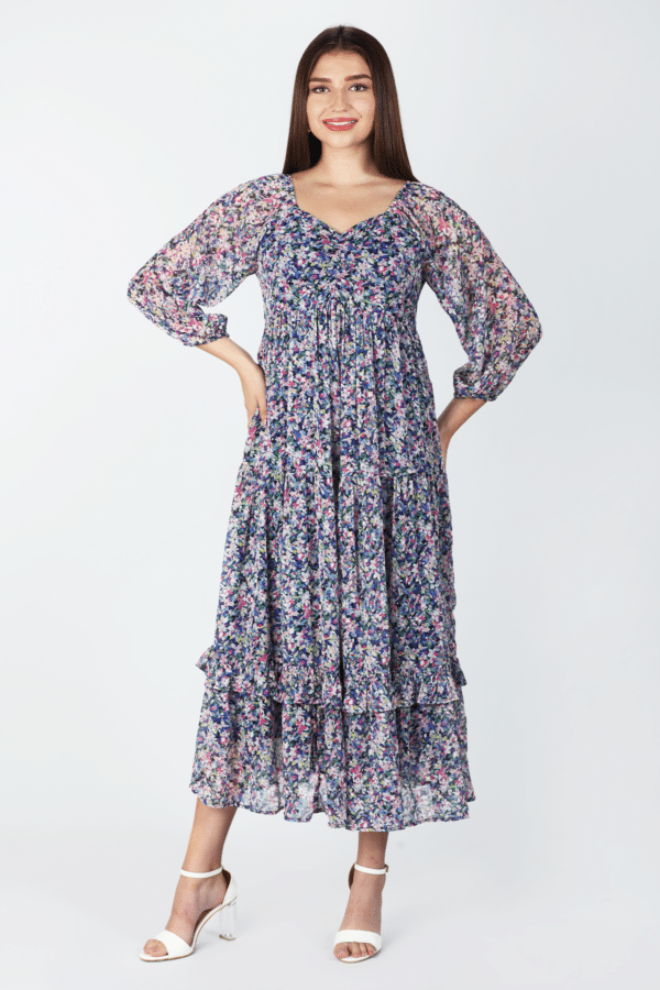 Blue Printed Chiffon Casual Dress