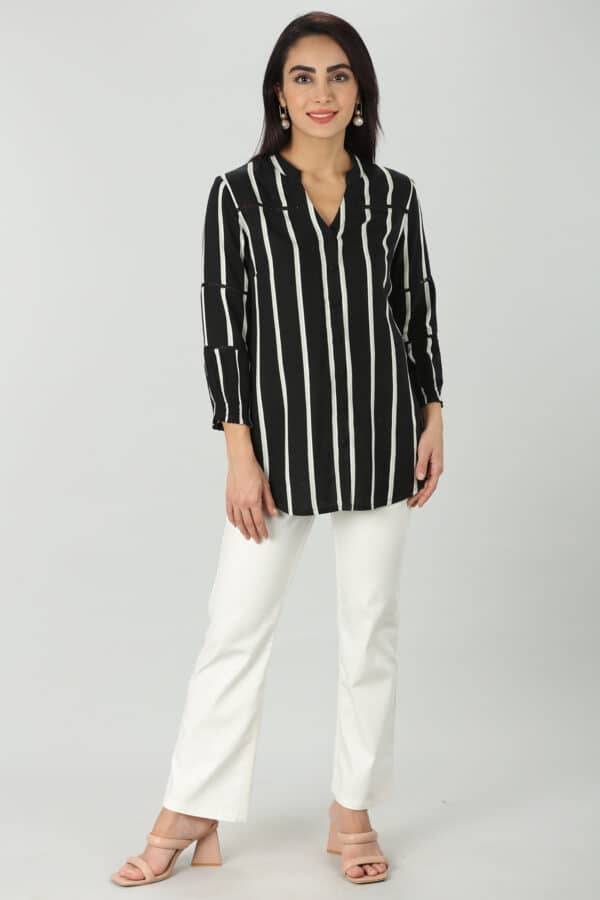 Monochrome Striped Mandarin Shirt