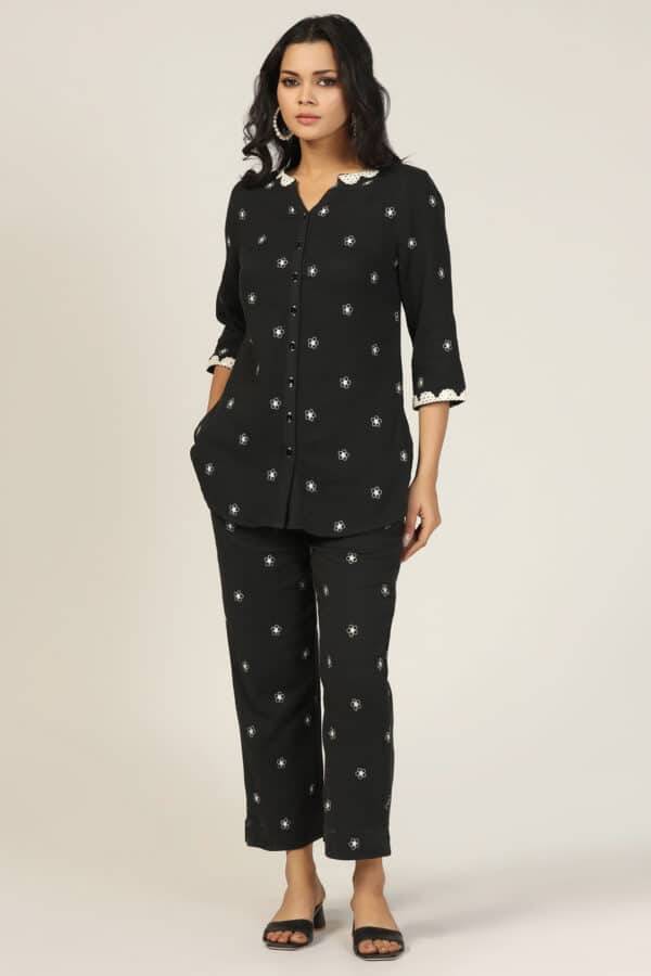 Co ord Black Cotton Double Cloth Embroidered Shirt