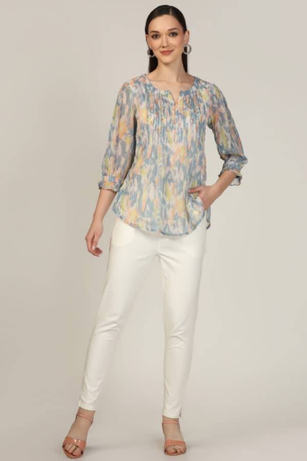 Slate Grey Printed Chiffon Round Neck Top
