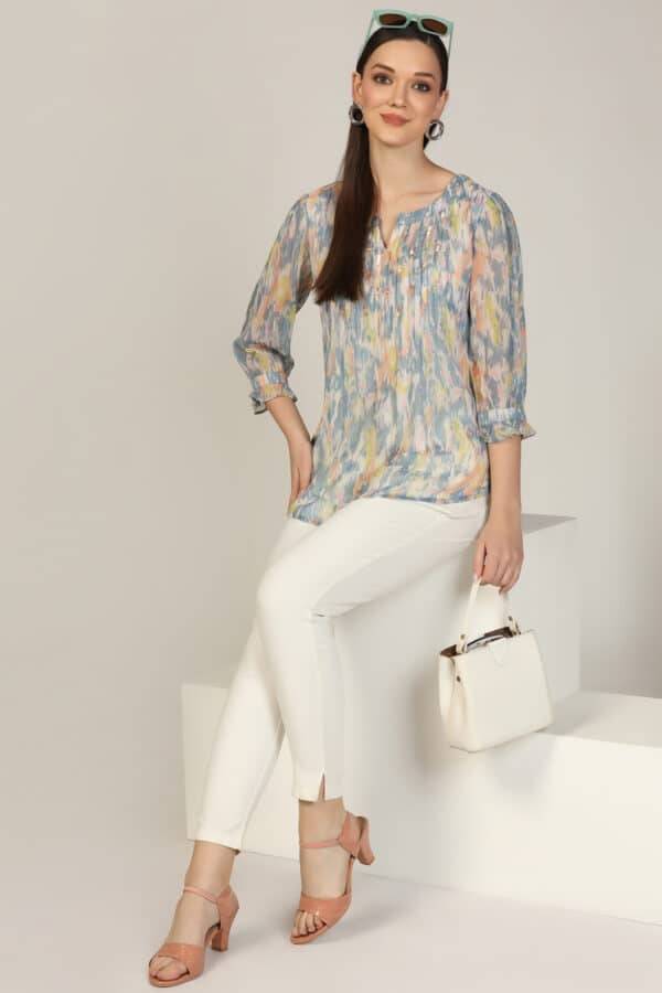 Slate Grey Printed Chiffon Round Neck Top