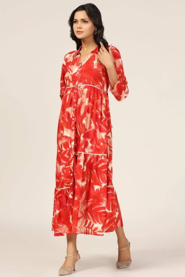 Red Prismatic Flair Collared Rayon Printed Dress