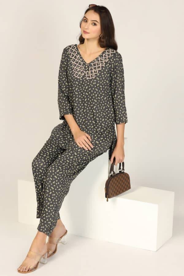 Dark Grey Fusion Embroidered Co-Ord Top