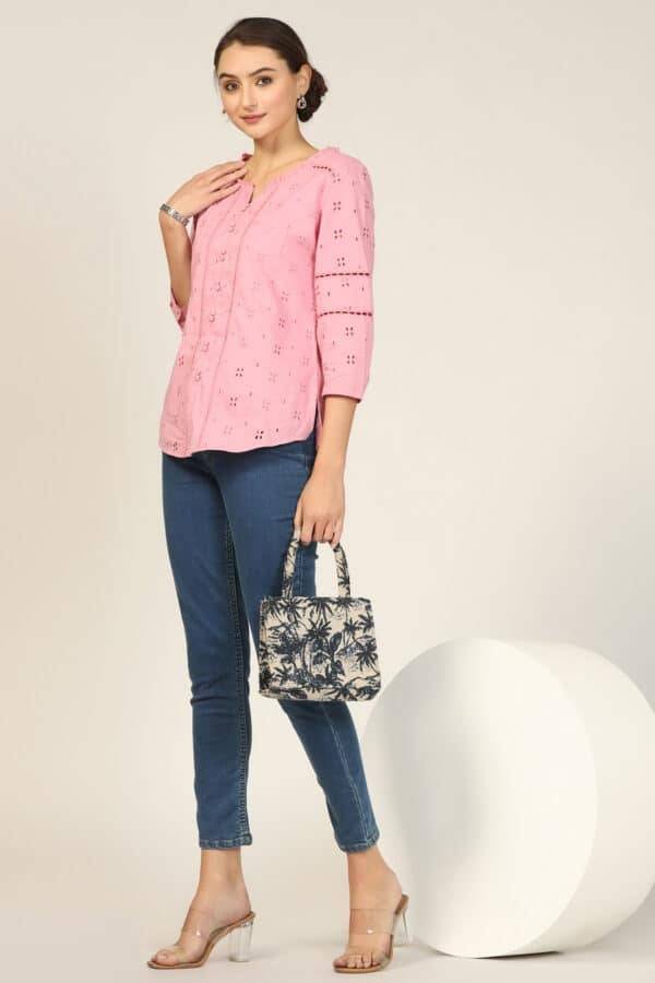 Pink Embroidered Cotton Schiffli Top