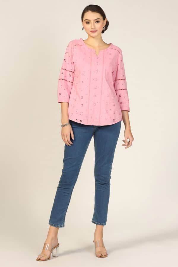 Pink Embroidered Cotton Schiffli Top