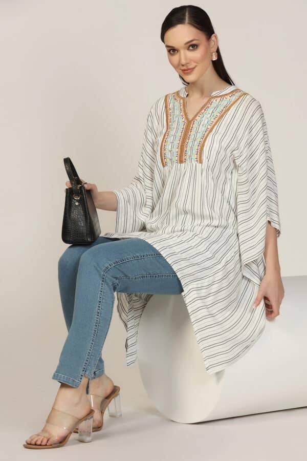 Light Grey Embroidered Rayon Crepe Mandarin Top