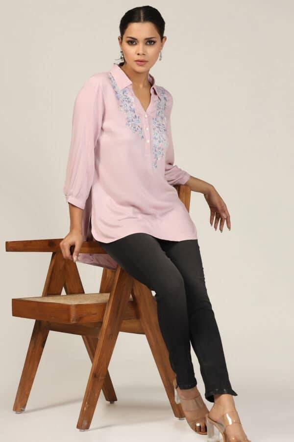 Lavender Embroidered Dobby Collared Top
