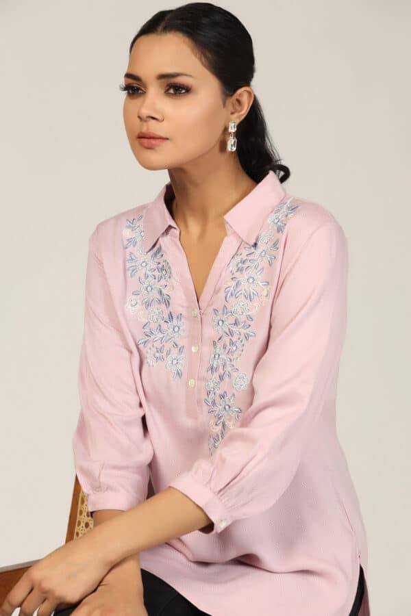 Lavender Embroidered Dobby Collared Top