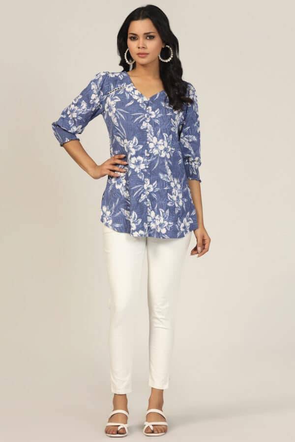 Blue Bubble Crepe Printed Long Top