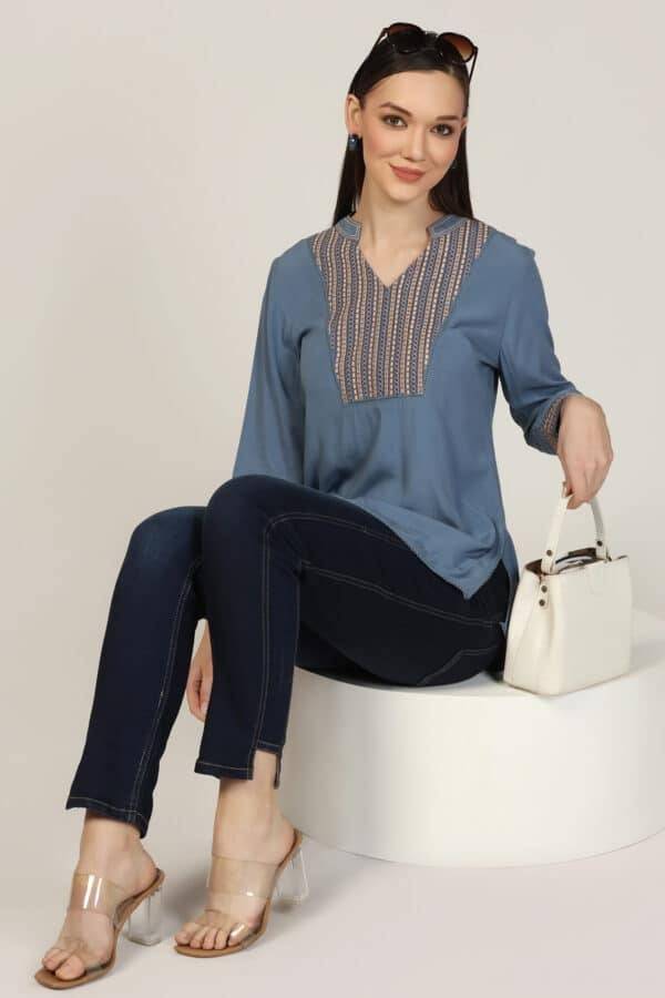 Blue Embroidered Calci Crepe Top