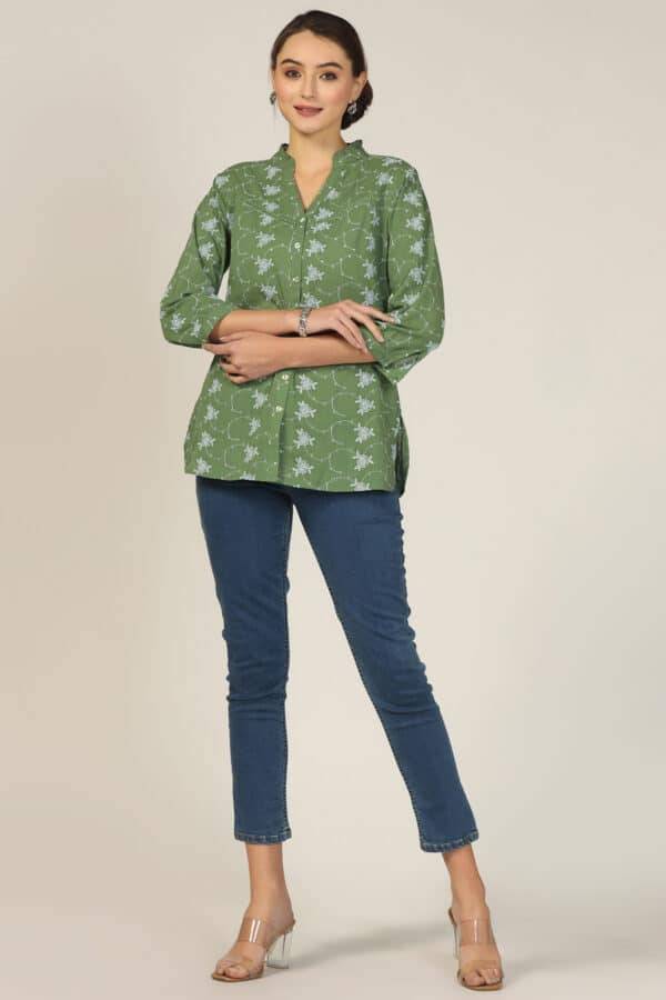 Sea Green Cotton Schiffli Printed Shirt