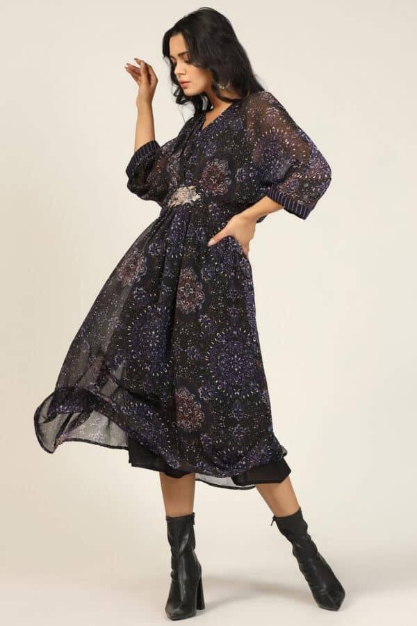 Charcoal Black Printed Chiffon Kaftan