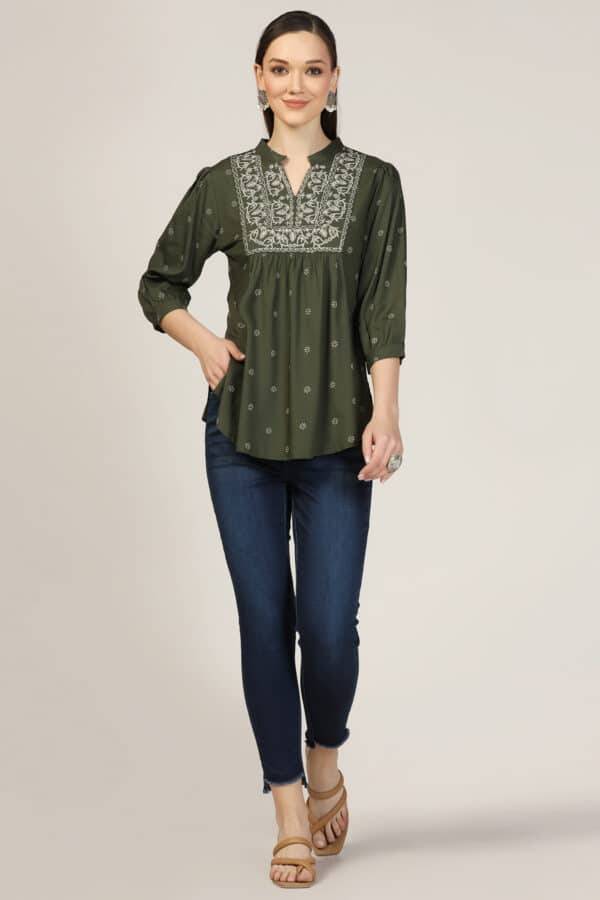 Olive Green Embroidered Rayon Mandarin Top