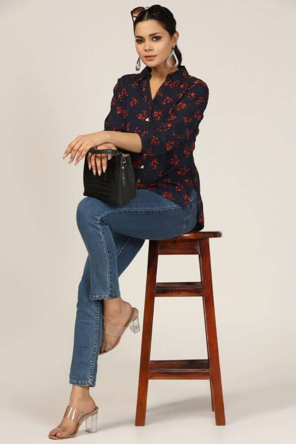 Navy Bubble Crepe Printed Shirt