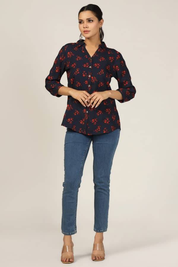 Navy Bubble Crepe Printed Shirt