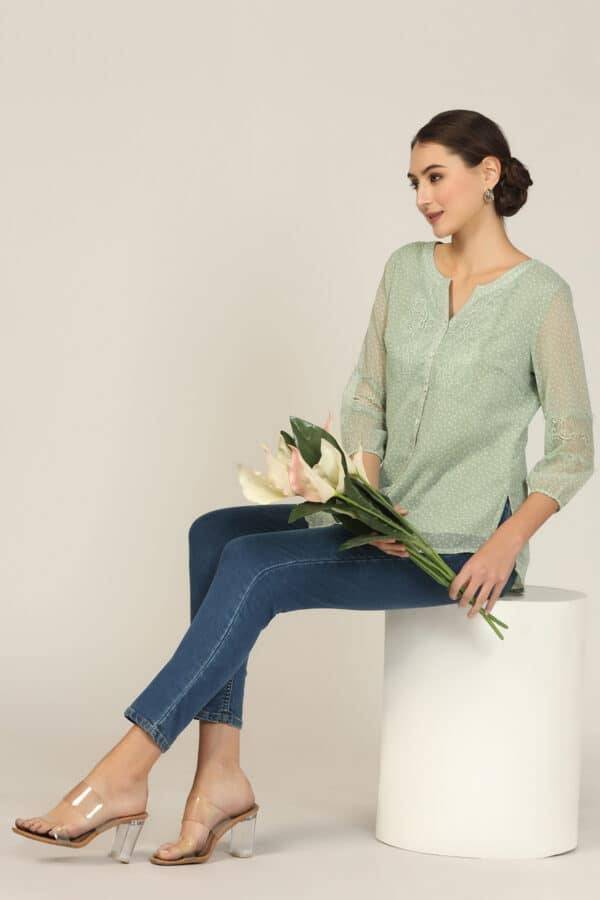 Emerald Breeze Chiffon Green Printed Shirt