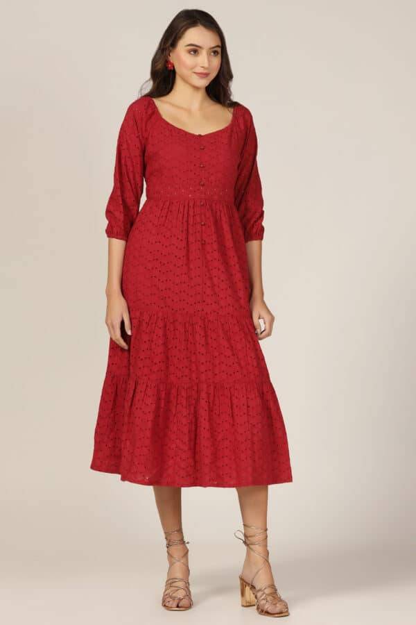 Maroon Schiffli Casual Dress