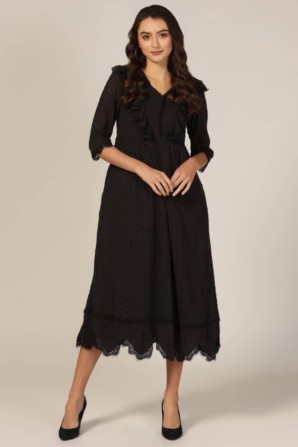 Black V-Neck 3/4th Sleeves Regular Solid Dress