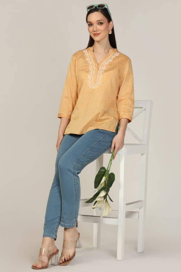 Mustard Embroidered Rayon Mandarin Top