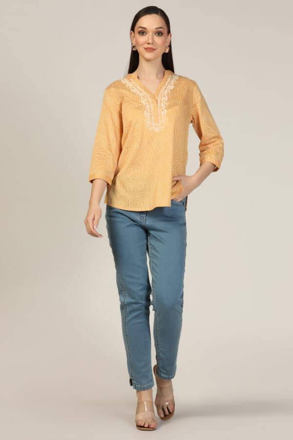 Mustard Embroidered Rayon Mandarin Top