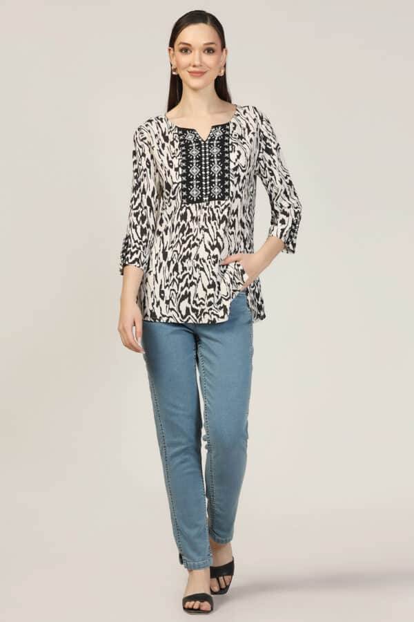 Embroidered Rayon Round Neck Top
