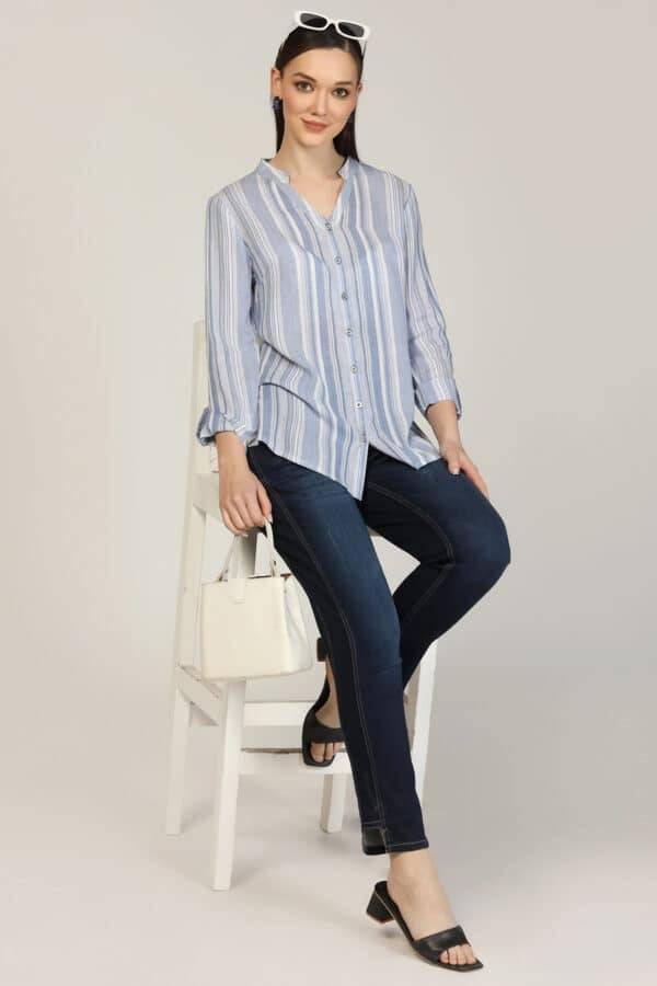 Light Blue Striped Cotton Yarn Dyed Mandarin Shirt