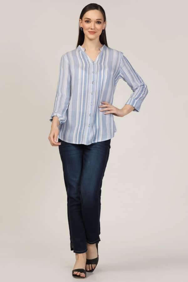 Light Blue Striped Cotton Yarn Dyed Mandarin Shirt