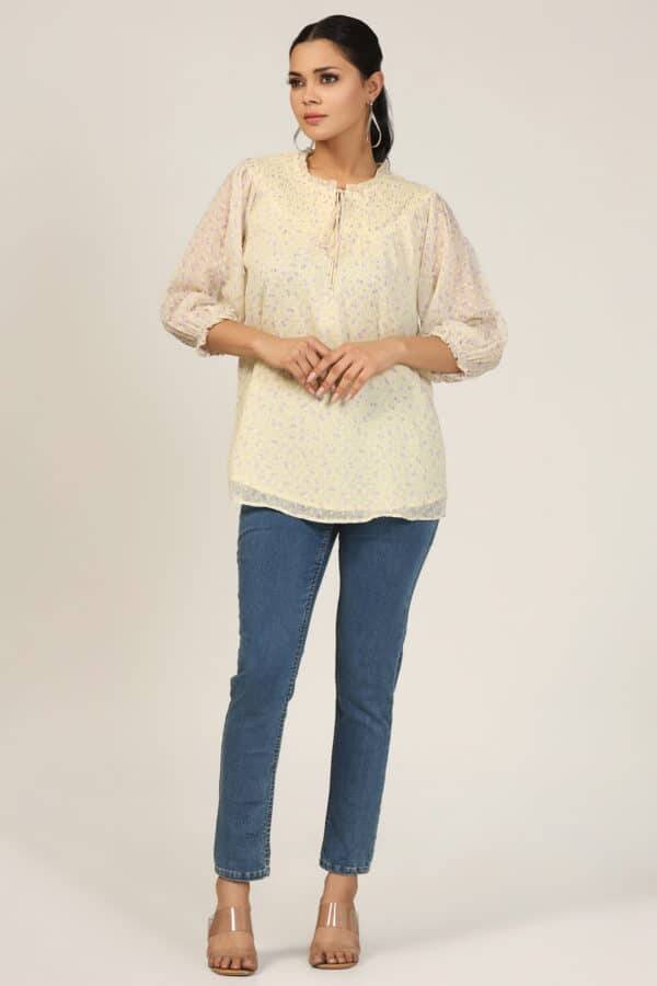 Yellow Printed Chiffon Buta Top