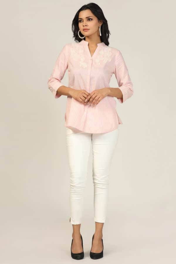 Peach Embroidered Mandarin Shirt