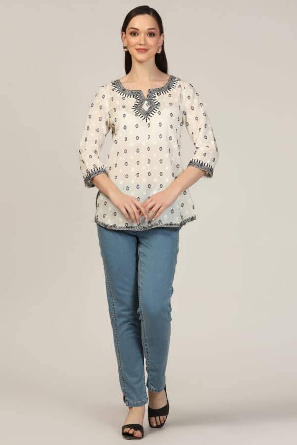 White Cotton Dobby Embroidered Casual Top