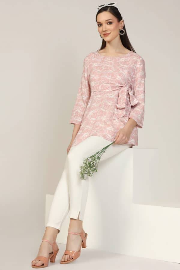 Pink Printed Rayon Round Neck Top