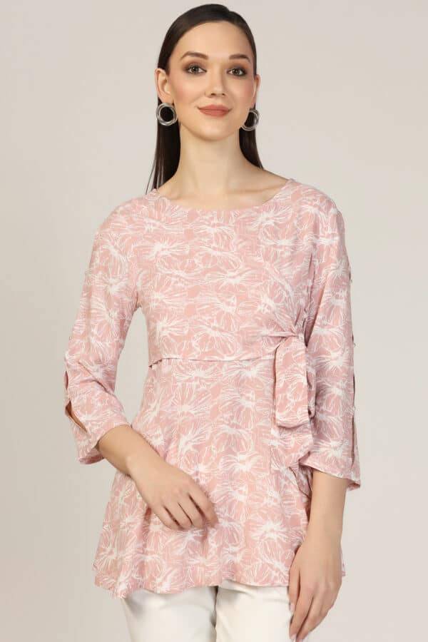 Pink Printed Rayon Round Neck Top