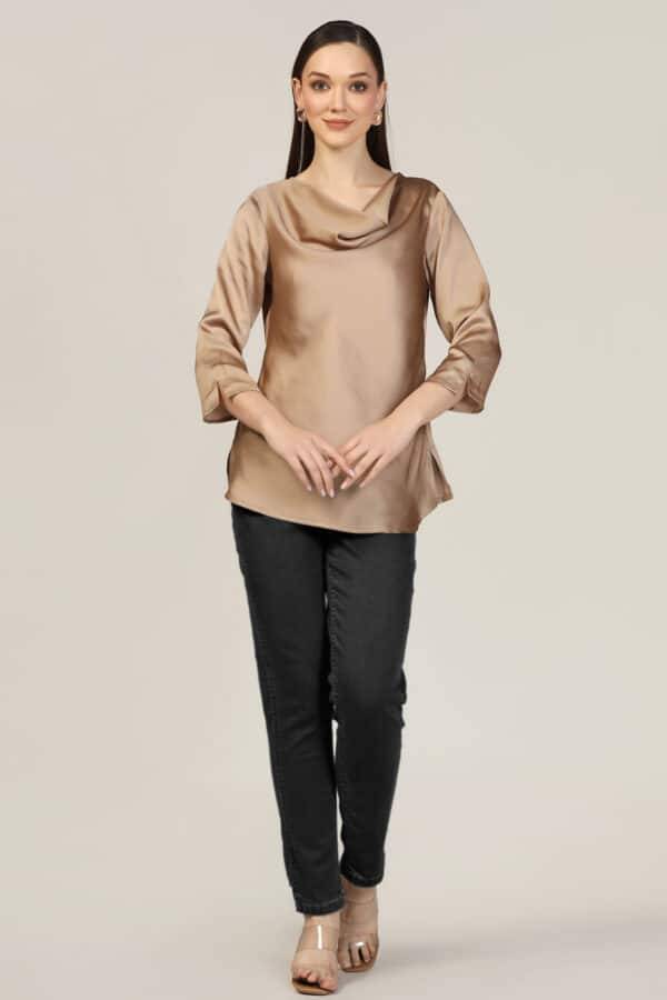 Beige Satin Cowl Neck Casual Top