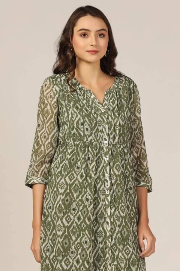 Olive Green Dobby Georgette High Low Dress