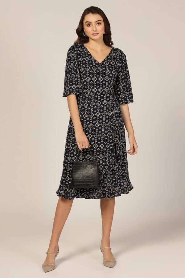 Navy Blue Printed Rayon V-Neck Dress
