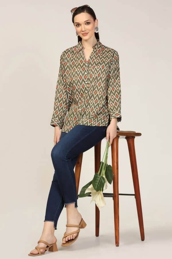 Olive Green Printed Collared Shirt