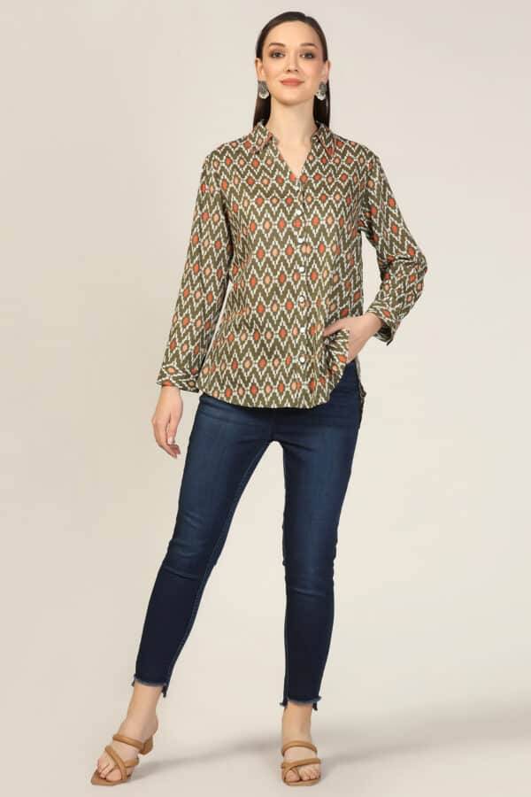 Olive Green Printed Collared Shirt