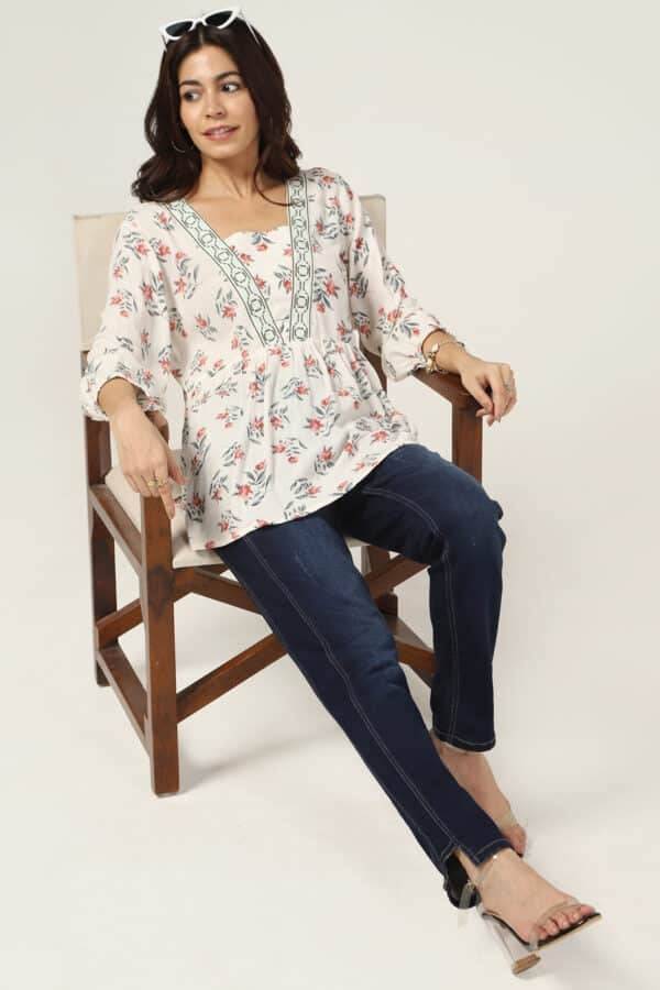 Off White Rayon Crepe V-Neck Top
