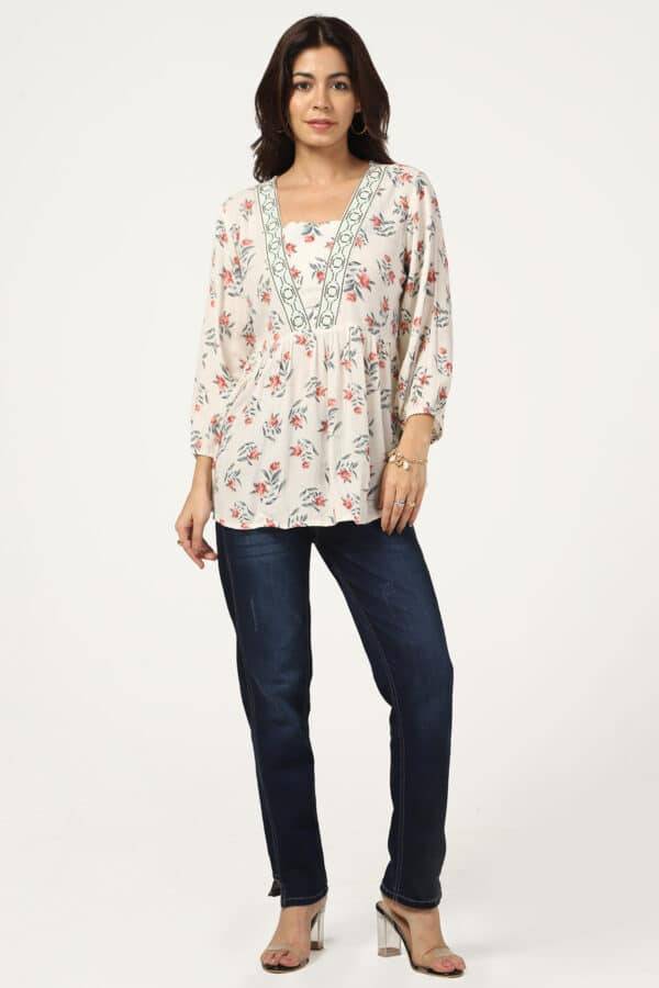 Off White Rayon Crepe V-Neck Top
