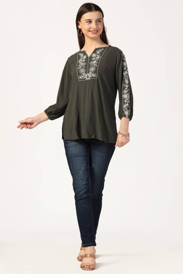 Olive Green Rayon Crepe Embroidered Top