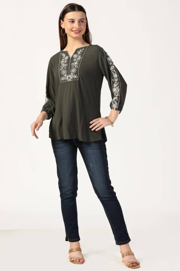 Olive Green Rayon Crepe Embroidered Top
