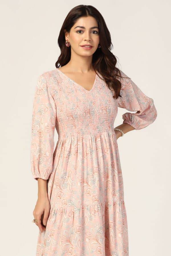 Peach Dobby Casual Dress with Smocking