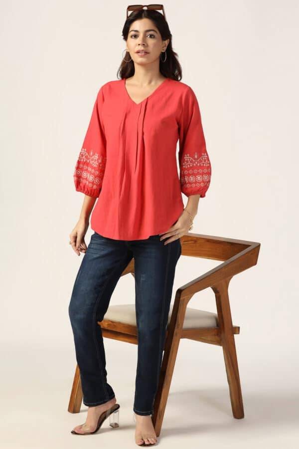Coral Embroidered Viscose Linen Top