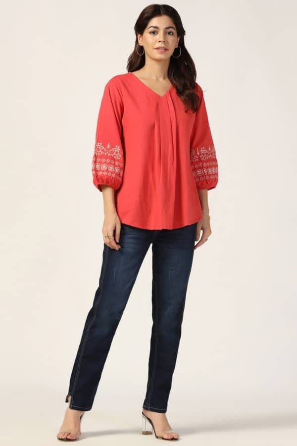 Coral Embroidered Viscose Linen Top