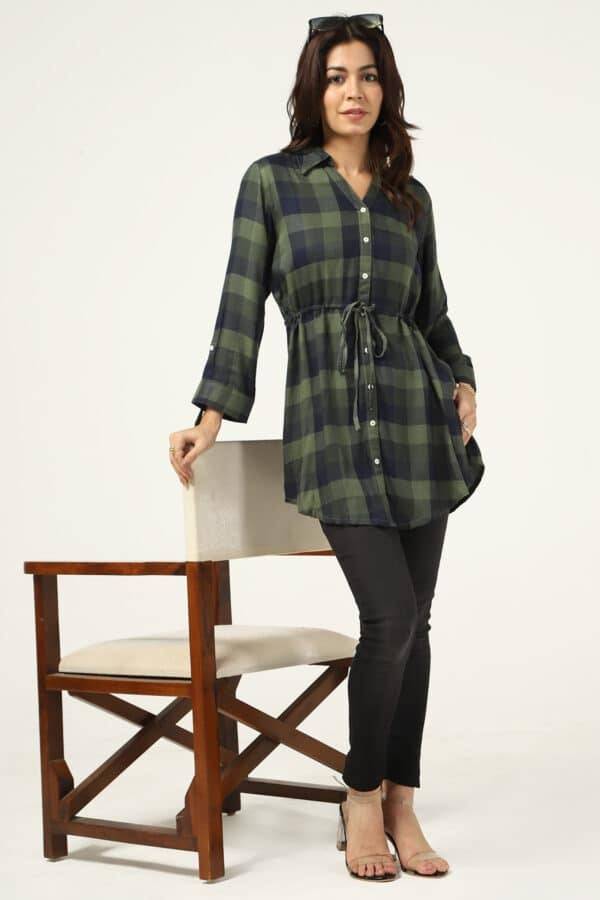 Green & Blue Twill Check Collared Neck