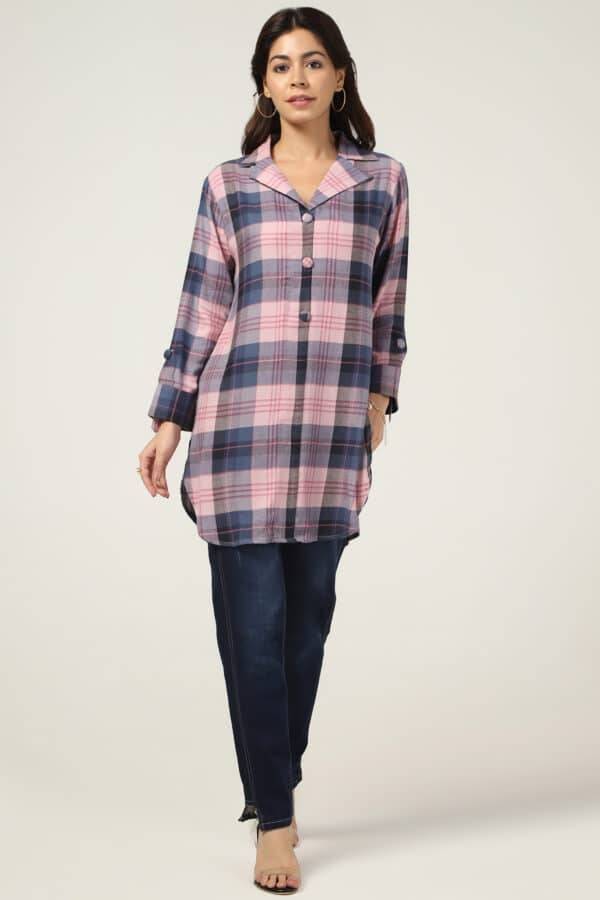 Pink Checked Twill Tunic with Lapel Collar