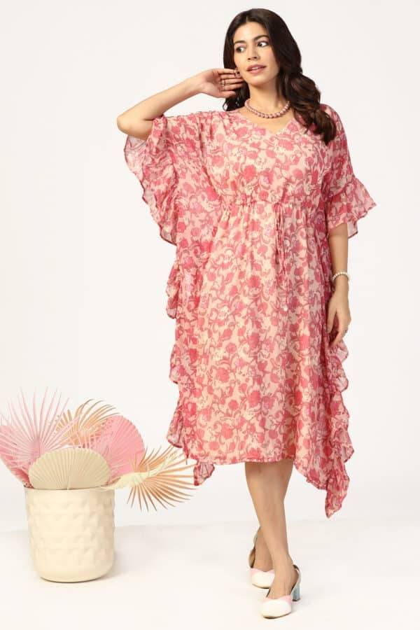 Peach & Pink Printed Chiffon Kaftan