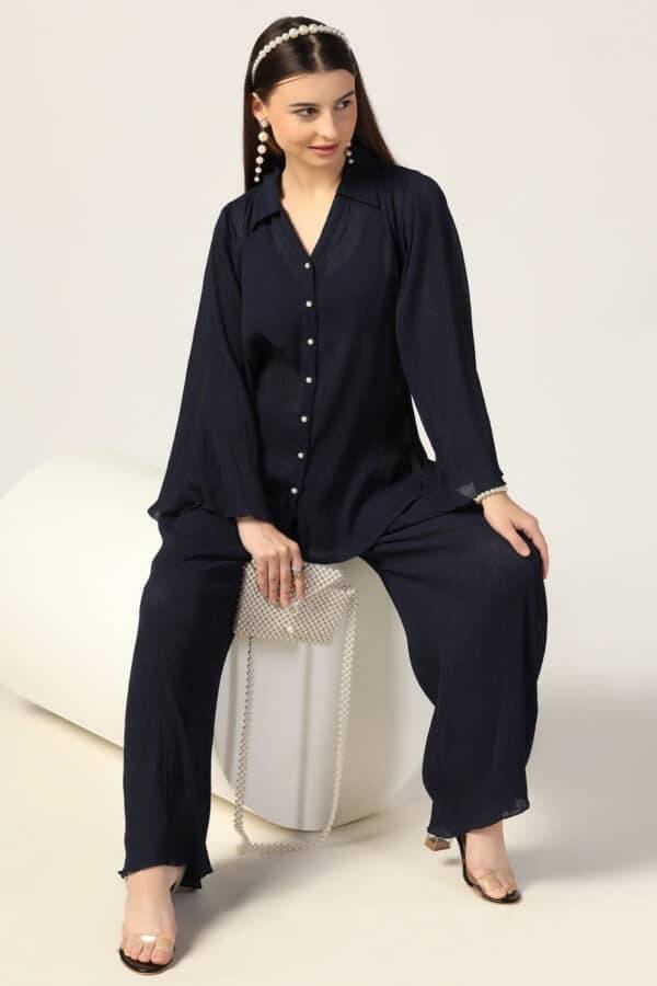 Pleated Georgette Co-Ord Top with Flared Sleeves